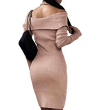 Winter Formal Dresses Button Waist-Controlled Long Sleeves Knitted Sheath Dress