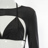 Spring round Neck Backless Long Sleeves Tether Spaghetti Strap Bra One-Piece Casual Trousers