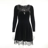 Winter Formal Dresses Dark Lace Dress Autumn and Winter Stitching Long Sleeve Round Neck