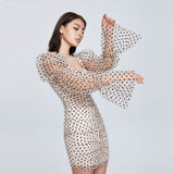 Women Spring Dress Puff Sleeve Organza Polka Dot Dress Sexy Mini Hip Skirt