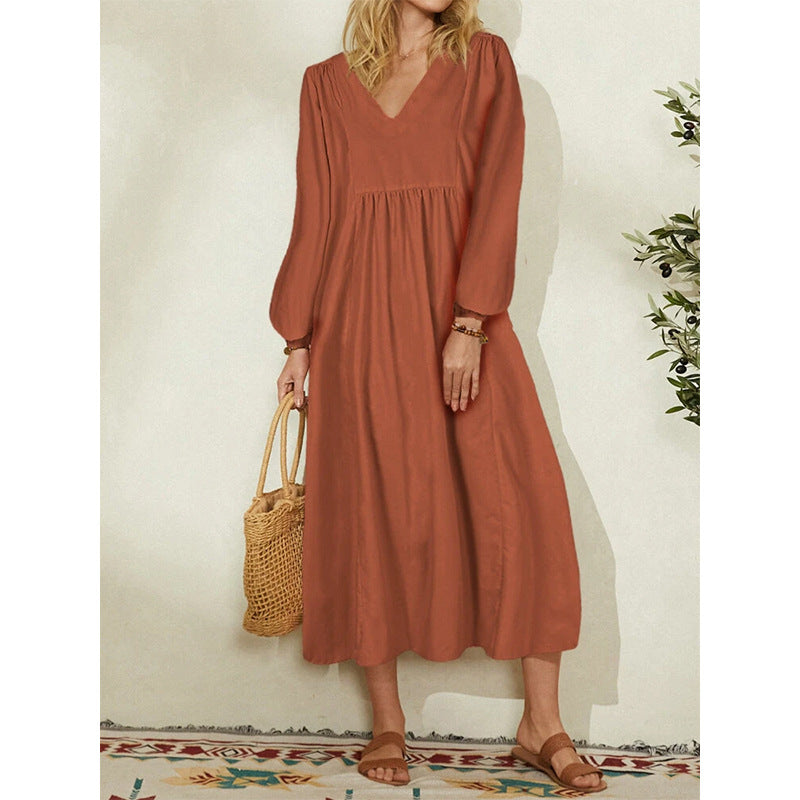Burnt Orange Dress Women's Spring Fashion Women's Wear Cotton Loose Lantern Sleeve Dress for Women