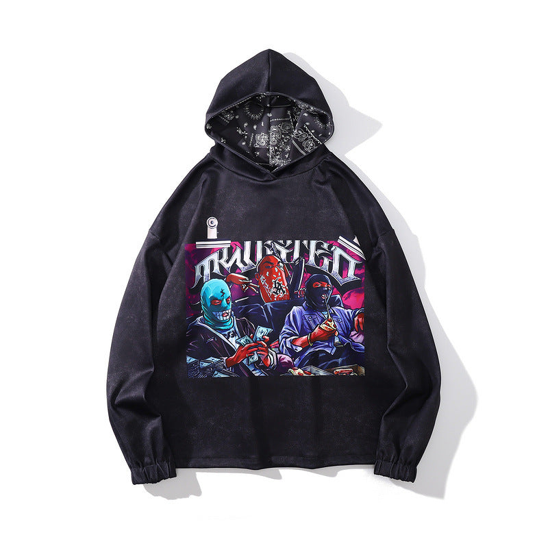 Mens Fall Outfits Hooded Sweater Men's and Women's High Street Vintage Printed Sports Hoodie Coat