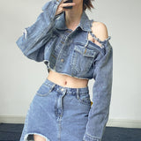 90S Outfits Autumn Winter Retro Street Style Ripped Denim Short Coat