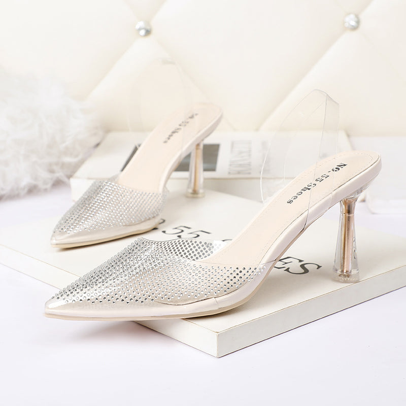 Nude Block Heels Closed Toe Transparent Rhinestone Sandals