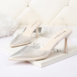 Nude Block Heels Closed Toe Transparent Rhinestone Sandals