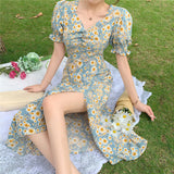 Aesthetic Dress Puff Sleeve Long Dress Summer Floral Skirt