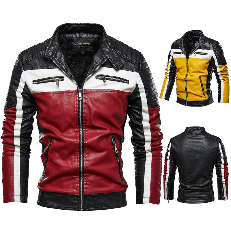 Black Varsity Jacket Racer Jacket Fall Winter Men Leather Men's Color Matching Motorcycle Clothing PU Leather Jacket