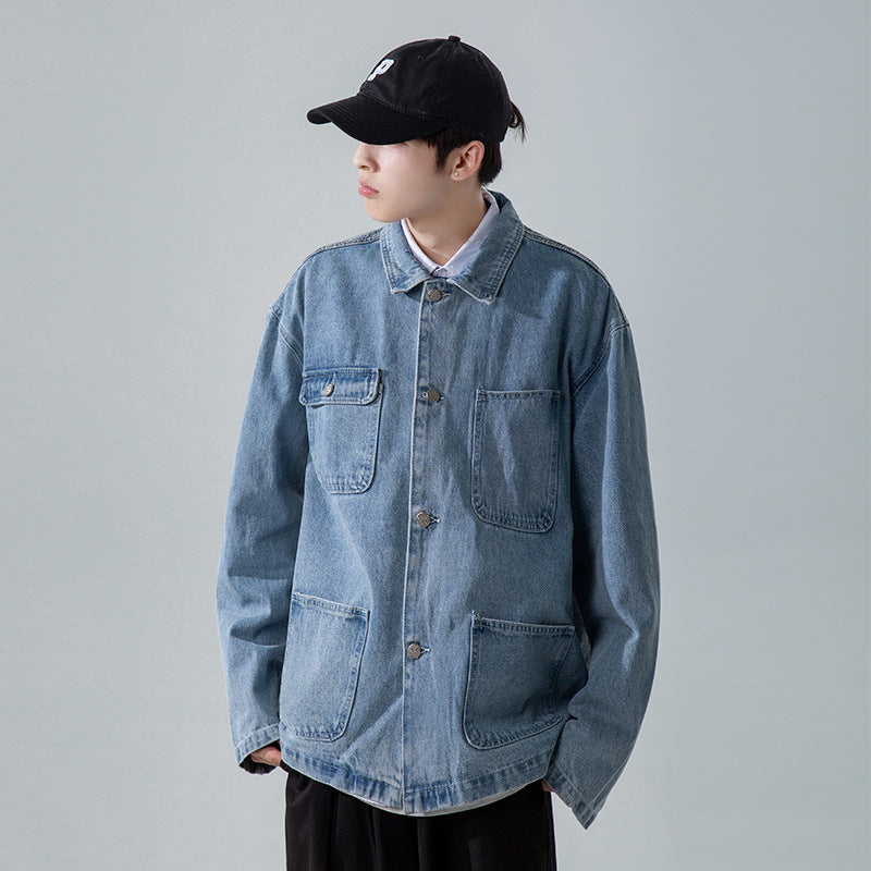 Denim Varsity Jacket Paisley Back Patterned Denim Jacket Male Student Workwear Jacket