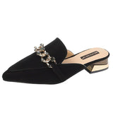 Finn Chain Pointed Toe Mule Closed Toe Half Slippers Women Summer Square Heel Pointed Toe Metal Chain Mules Shoes Women
