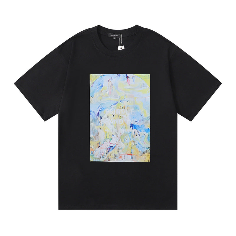Purple Brand T Shirts Landscape Painting Abstract Oil Painting Printing Men's and Women's Loose Casual Short-Sleeved T-shirt