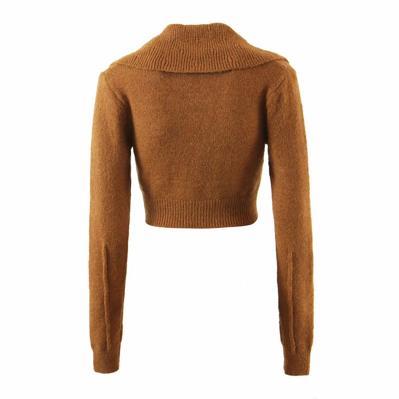 90S Outfits Retro Large Lapel Short Sweater Women's Cardigan Sexy Midriff-Baring Long Sleeve Sweater