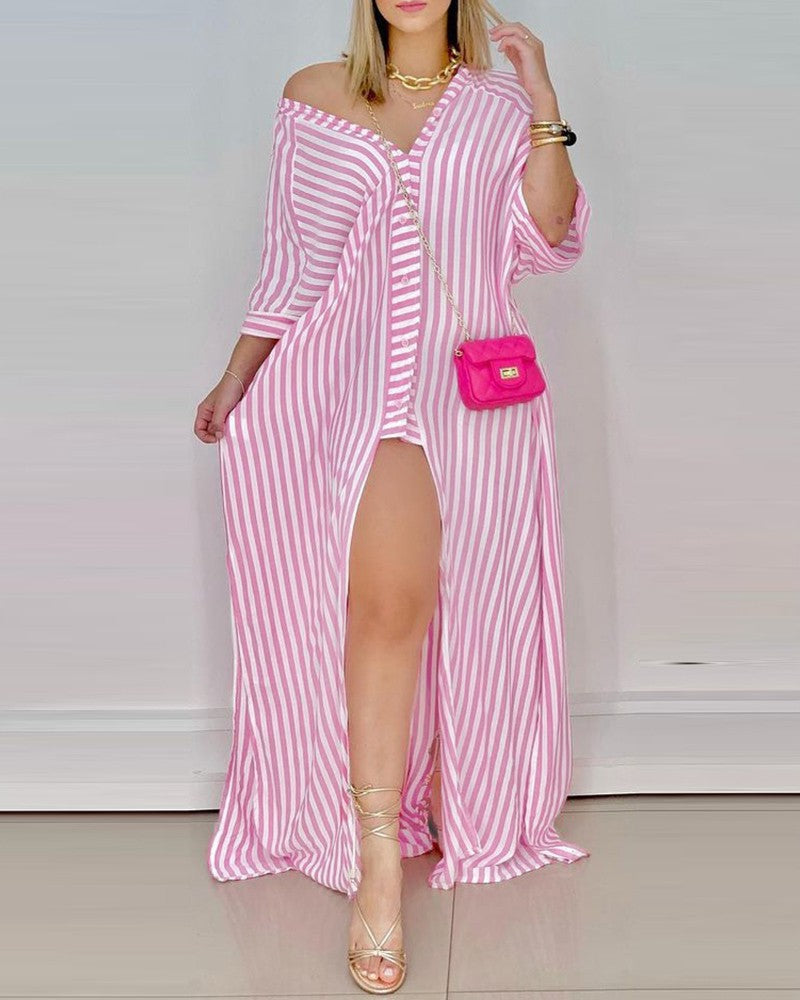 Nina Parker Graffiti Dress Loose Long Sleeve Striped Shirt Dress
