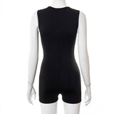 Summer Solid Color Sleeveless Stitching Hollow-out Tight Shorts Jumpsuit Women