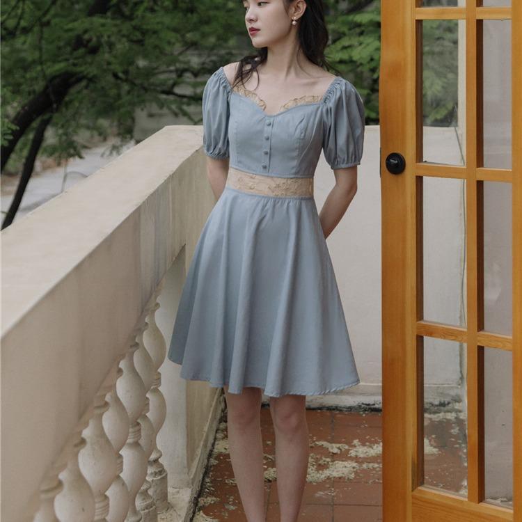 Women Retro Cottagecore Vintage Dress Summer Retro Puff Sleeve Square Collar Slimming Corset Long Dress