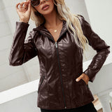 Cute Leather Jacket Hooded Long-Sleeve Zipper Solid Color Jacket Coat for Women