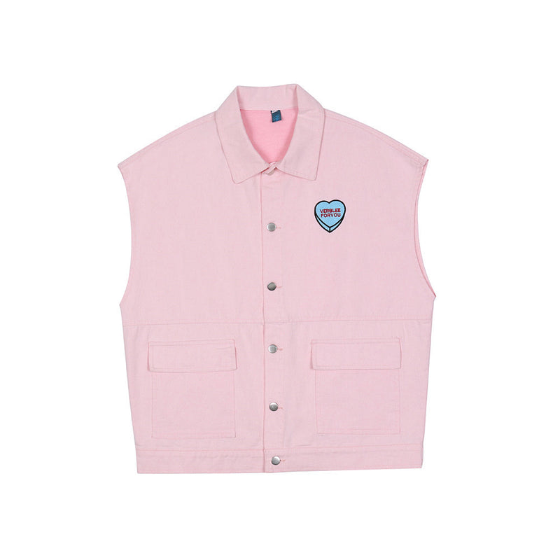 Men Sweater Vest Simple Love Embroidered Frock Vest Coat Men's Loose Lapels Sleeveless Jacket Vest