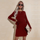 Women Fall Outfits Autumn round Neck Slimming Long Sleeves Solid Color Dress Hip Skirt