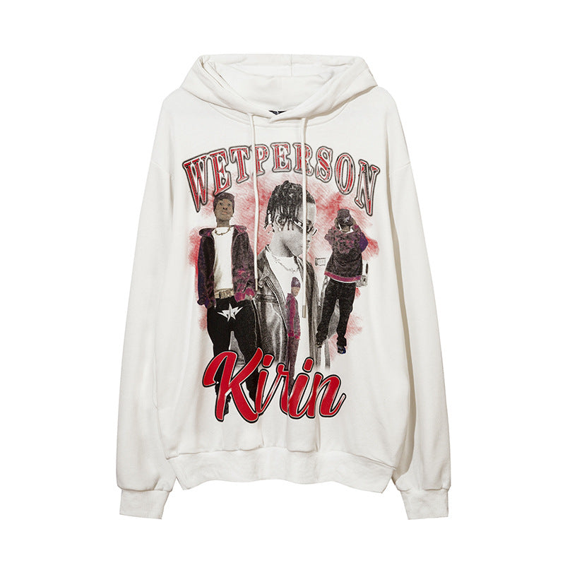 Mens Fall Outfits Rap Figure Printed Hoodie Men and Women Autumn and Winter High Street Vibe