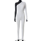 Autumn Solid Color Irregular Diagonal Collar Long Sleeve Tight Casual Trousers Jumpsuit