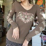 90S Fashion Autumn Retro Style Heart Printing Slim Fit Long-Sleeved T-shirt Thin Sweater