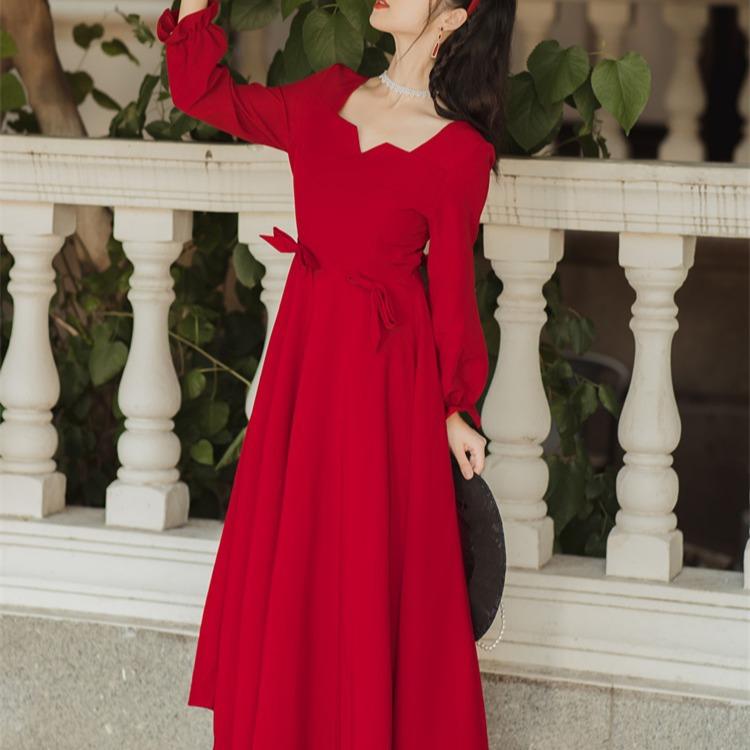 Women Retro Cottagecore Vintage Dress Square Collar Dres Vintage Red Gentle Long Sleeve Mid-Length Dress Women