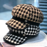 Check Beret Hat Women's Autumn Winter Retro Plaid Knitted Plaid