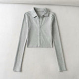 Women Fall Fall Fall Three-Color Polo Collar Long-Sleeved Top Single-Breasted Short T-shirt