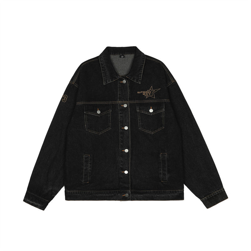 Men Denim Coat Jean Jackets Letter Embroidered Denim Jacket Men's Loose Lapels Jacket Autumn Vintage Denim Jacket