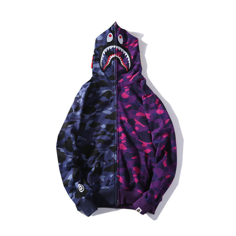 Shark Print Bape Hoodie Shark Head Blue Purple Patchwork Assorted Colors Hooded Zipper Sweatshirt Fashionable Jacket
