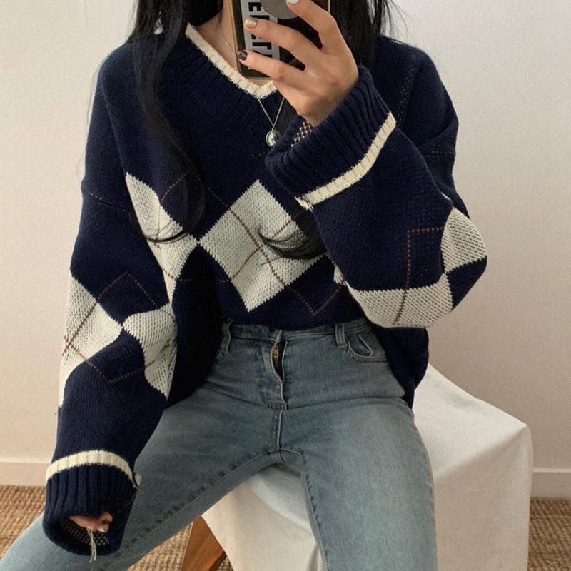 Preppy Aesthetic Sweater Female Fashion V-neck Pullover Sweater Sweet and Loose Casual