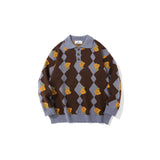 Mens Fall Outfits Couple Sweater Autumn and Winter Floral Rhombus Plaid Contrast Color Lapels Pullover Knitting Coat