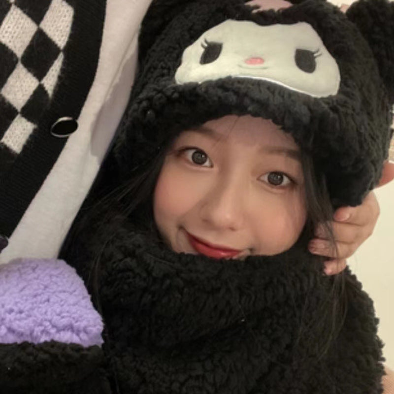 My Melody Hat Cartoon Pink Bear Melody Scarf Integrated Hat Gloves Cute Girl Heart Student Winter Warm Kulomi