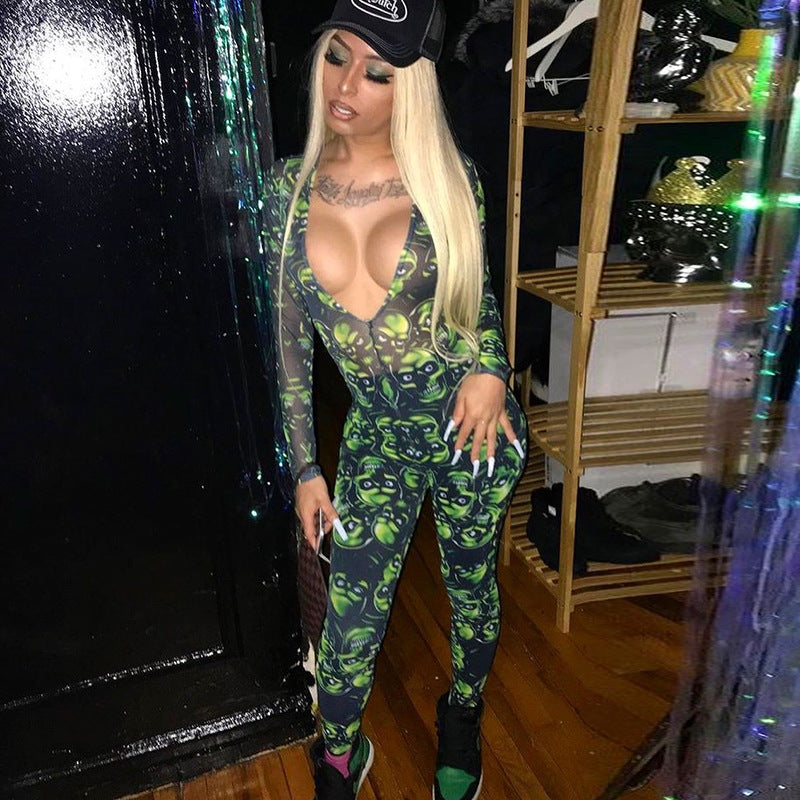 Sexy Deep V Long Sleeve Hollow out See-through Skull Mesh One-Piece Trousers for Women