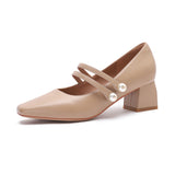 Nude Block Heels Closed Toe Pumps Women's High Heels Women
