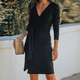 Winter Formal Dresses V-neck Slim Sexy Fashion Belt Dress