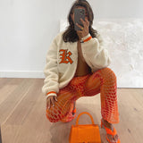 Brown Cropped Varsity Jacket  DA 5347b embroidered contrast stitching lamb velvet jacket