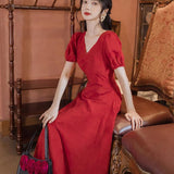 Women Retro Cottagecore Vintage Dress Square Collar Dres Slimming V-Neckline Short Sleeved Red Vacation Beach Dress