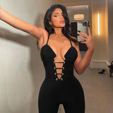 Summer Corns Solid Color Suspenders Backless Slim Fit Trousers Jumpsuit