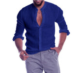 Sweat Wicking Shirt Autumn and Winter V-neck Linen Cardigan Stand Collar Long Sleeve Men's Shirt