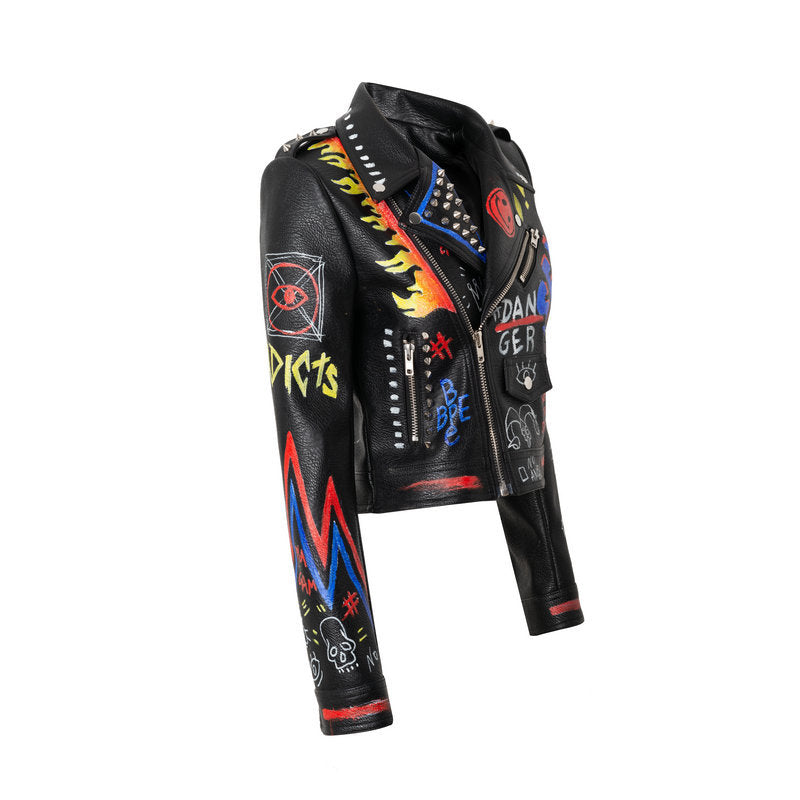 Women Leather Jacket Biker Motorcycle Coat Women's Graffiti Printing Coat Women's Jacket