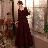 Burgundy Dresses For Wedding Autumn And Winter Long-Sleeved Red Wedding Evening Dress