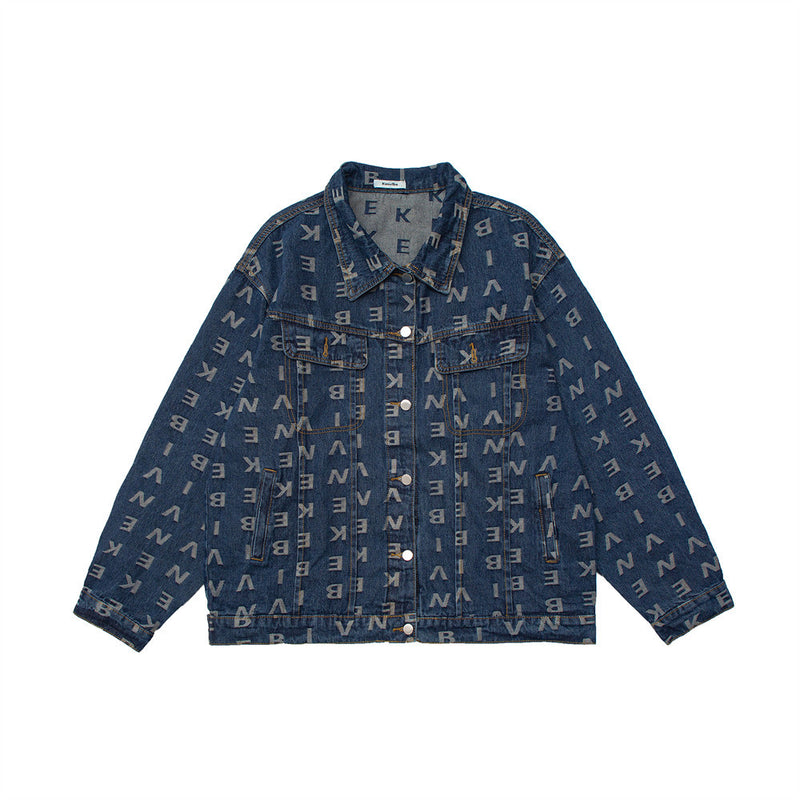 Men Denim Coat Jean Jackets Letter Full Jacquard Denim Jacket Men's Polo Collar Jacket Denim Jacket