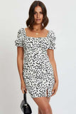 Milkmaid Dress Spring Square Collar Short Sleeve High Waist Crimp Split Print Dress