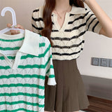 Preppy Aesthetic Sweater Green Striped V-neck Summer Short Sleeve Sweater
