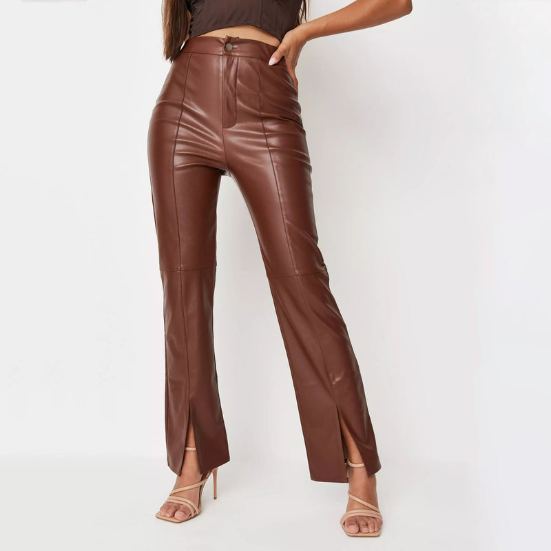 Brown Leather Pants Women's High Elastic PU Leather Pants Leggings Women's Pants