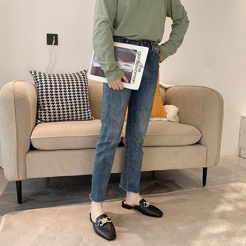 Finn Chain Pointed Toe Mule Man Toe Cap Semi Slipper PVC Plastic Imitation Leather Women's Shoes