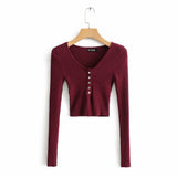 Women Fall Fall Five-Color Deep V Buckle Slim Fit Short Knitted Top
