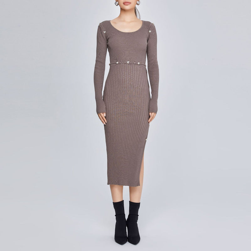 Women Spring Dress Blended Knitted Long-Sleeved Tight Dress Slit Skirt Two-Piece Suit Detachable Design