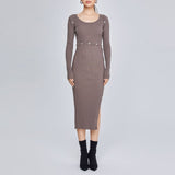 Women Spring Dress Solid Color Long Sleeve Knitted Tight Dress Split Skirt Suit Detachable Design