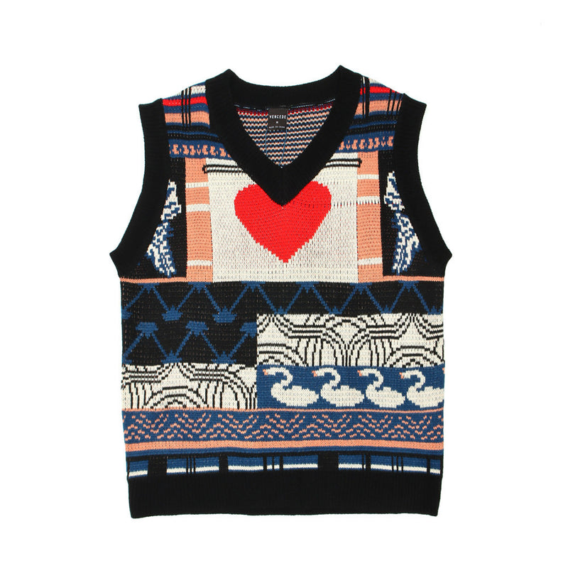 Men Sweater Vest Vintage Love Jacquard V-neck Sweater Waistcoat Men's Loose Sleeveless Sweater Vest
